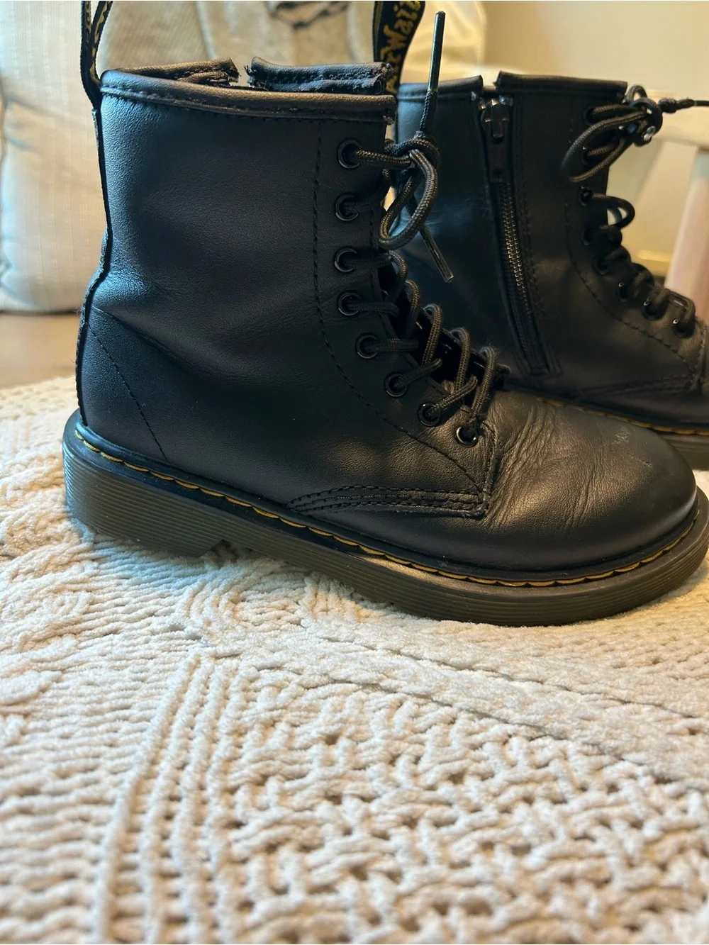 Doc Martens Black Leather Lace-Up Combat Boots with Side Zip- Girls size 1
